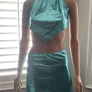 Metallic Teal Halter Top and Skirt Set